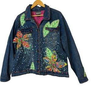 BEREK Women's Denim Jacket Embroidered Floral Flower Rhinestone Sequins Size 1XL